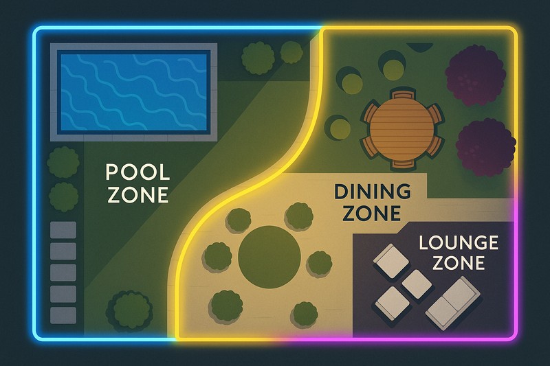 A top-down view of a backyard plan, showing a blue "pool zone," a yellow "dining zone," and a purple "lounge zone" created with different lighting schemes