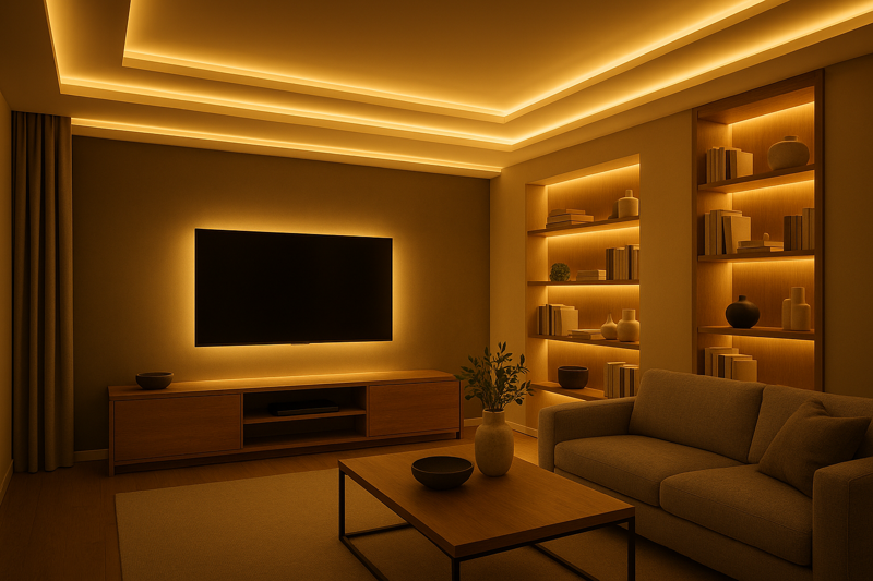 A beautifully lit modern living room with multiple layers of LED strip lighting in the ceiling cove, behind the TV, and on bookshelves