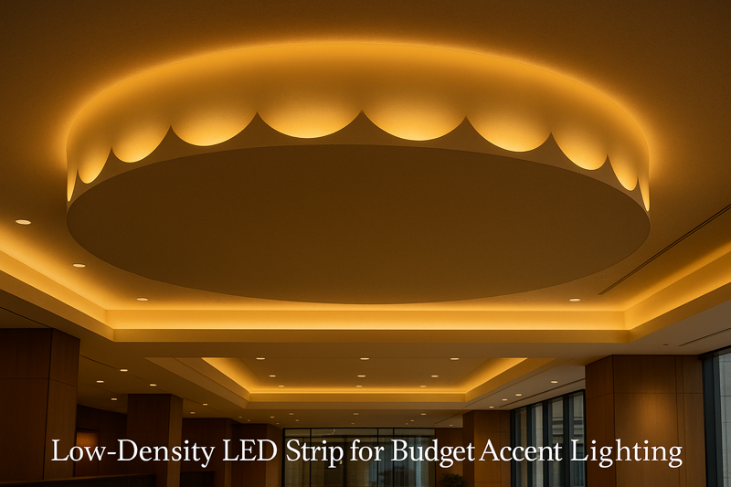 A large, decorative ceiling feature in a commercial space, backlit with a low-density strip, creating a soft, scalloped glow.