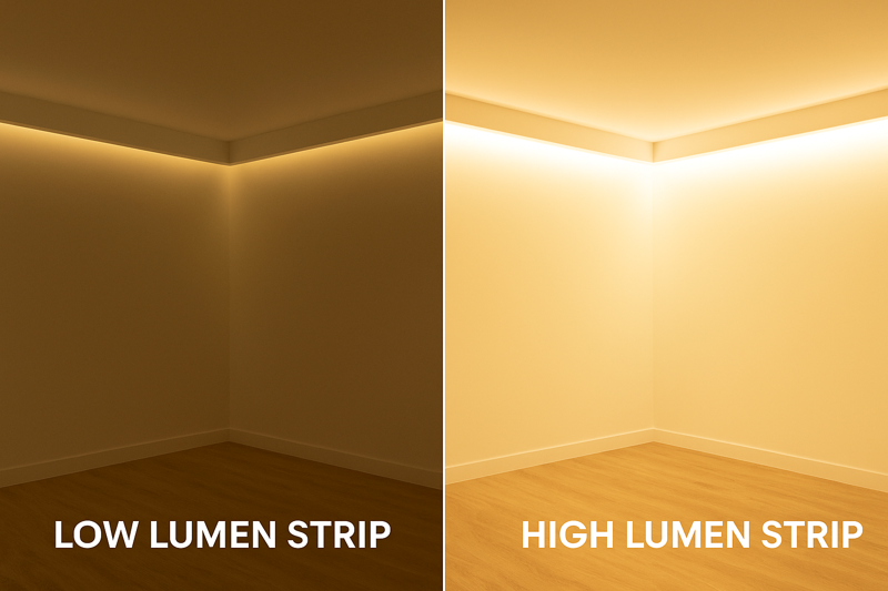 A visual comparison of two identical spaces, one lit with a low-lumen strip (dim) and the other with a high-lumen strip (bright).