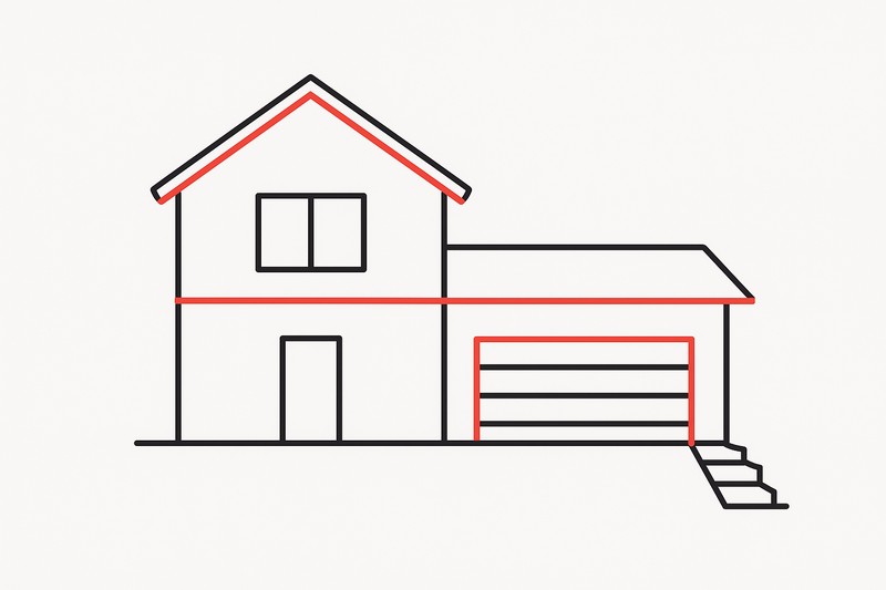 An architectural diagram of a house showing strategic placement of LED strips, with red lines indicating strips along the roofline, around the garage door, and down a set of deck stairs.