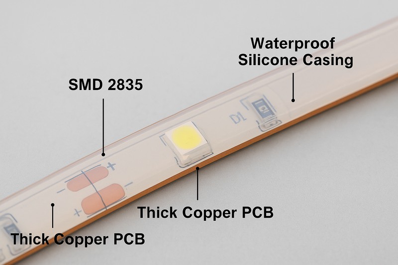 A close-up shot of an LED strip, with text callouts pointing to the SMD 2835 chip, the thick copper PCB, and the waterproof silicone casing.