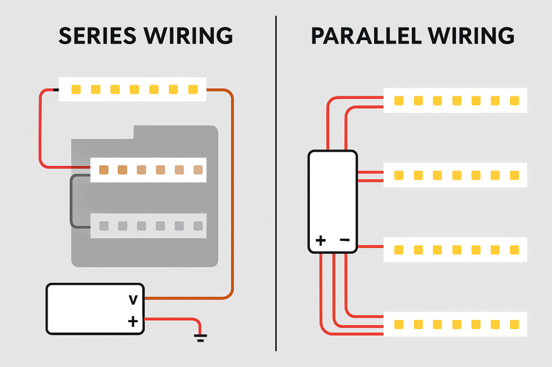 A diagram comparing series vs. parallel wiring. The series wiring shows one long line of strips getting dimmer. The parallel wiring shows a power supply with multiple wires branching out to several bright strips.