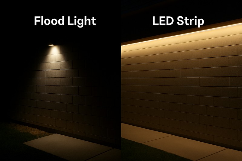 A side-by-side comparison image. Left: A wall lit by a single floodlight, showing deep, dark shadows. Right: The same wall lit by a continuous LED strip, showing smooth, even, shadow-free illumination.