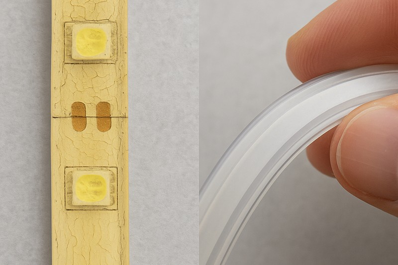 A split image showing two LED strips. One is a cracked, yellowed epoxy-coated strip. The other is a clean, flexible silicone-encased strip being bent slightly