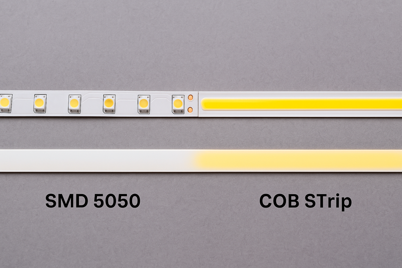 A side-by-side comparison image showing a traditional SMD 5050 strip with visible yellow dots, next to a COB strip with a smooth, continuous yellow phosphor line.
