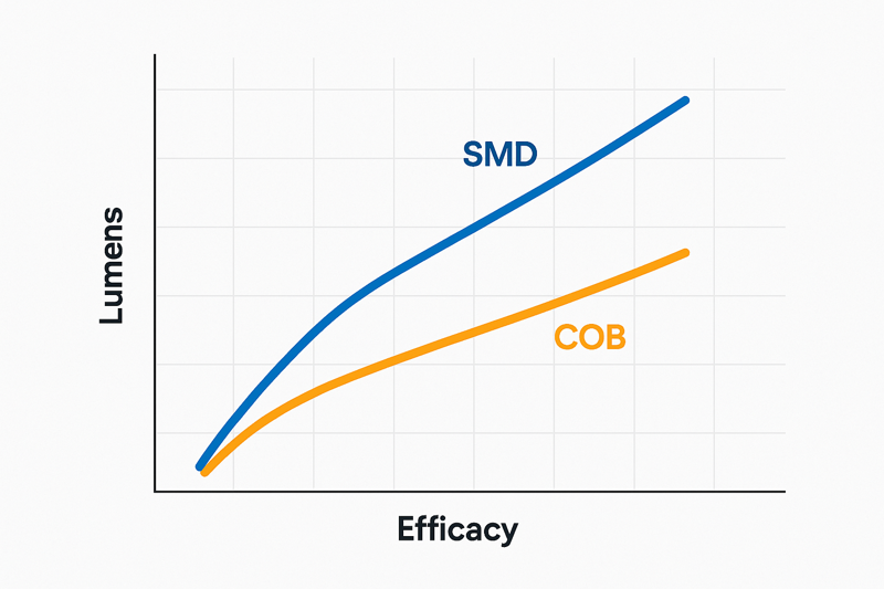 A graph showing two lines: one for SMD and one for COB. The SMD line goes higher on the Y-axis (Lumens), but the COB line has a steeper initial slope (Efficacy).