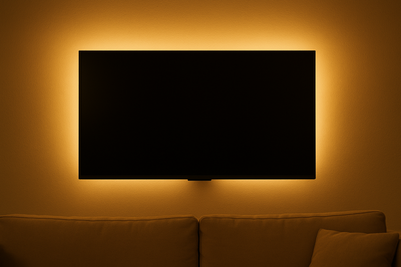 A wall-mounted TV with a soft, warm white halo of light behind it, creating a cinematic and comfortable viewing experience in a living room.