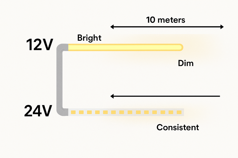 A diagram illustrating voltage drop: A 12V strip shows a bright start and a dim end over 10 meters, while a 24V strip maintains consistent brightness over the same distance.