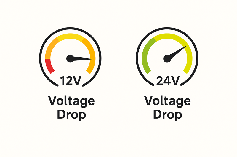 An animation or diagram showing a 'pressure' gauge dropping quickly on a 12V line versus slowly on a 24V line.