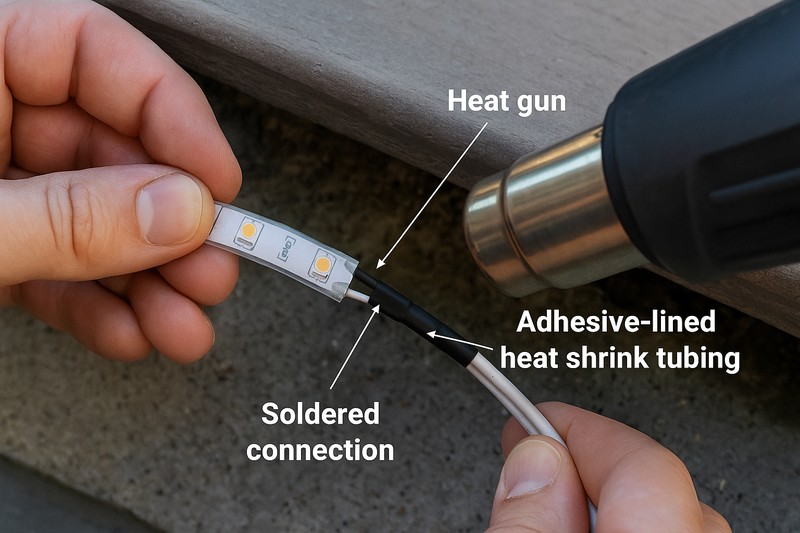 An installer soldering a connection on an outdoor LED strip and sealing it with a heat gun and adhesive-lined heat shrink tubing.