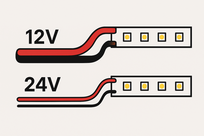 A diagram showing a thick wire for a 12V system and a thinner wire for a 24V system, both leading to an LED strip with the same brightness, illustrating the current difference.