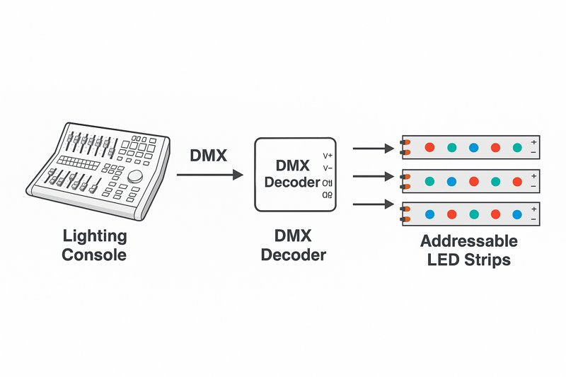 An image showing the signal chain: a lighting console is connected to a DMX decoder, which is then wired to several addressable LED strips, with arrows indicating the flow of data.