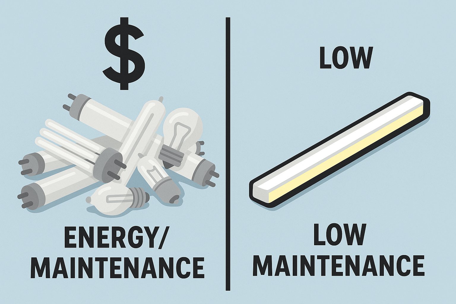 An infographic-style image comparing two columns. One side shows a pile of old fluorescent tubes and halogen bulbs with a high dollar sign for energy/maintenance. The other side shows a single sleek LED strip with a low dollar sign, illustrating the long-term savings.