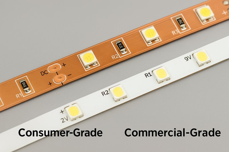 A close-up comparison: a flimsy consumer-grade LED strip next to a robust, heavy commercial-grade strip with clearly visible thick copper traces.