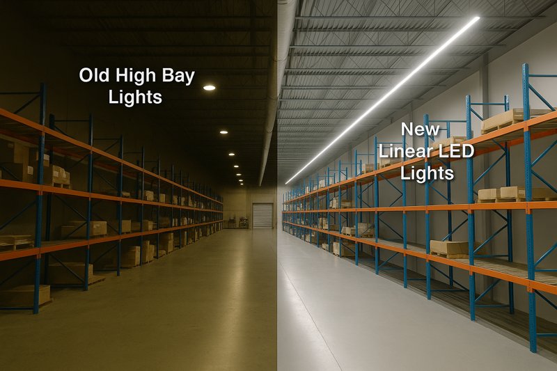 An image showing a direct comparison: one side of a factory aisle is lit with old, yellowish high-bay lights creating dark spots, the other side is lit with bright, clean linear LED fixtures, showing even light on the floor and shelves.