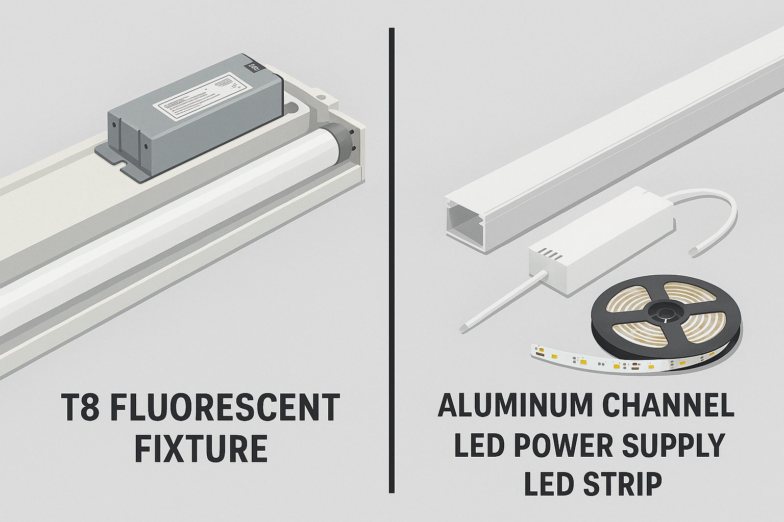 A side-by-side photo of the components for two different installations. On one side, a bulky T8 fluorescent fixture with a ballast and tube. On the other, a sleek aluminum channel, a compact LED power supply, and a roll of LED strip.
