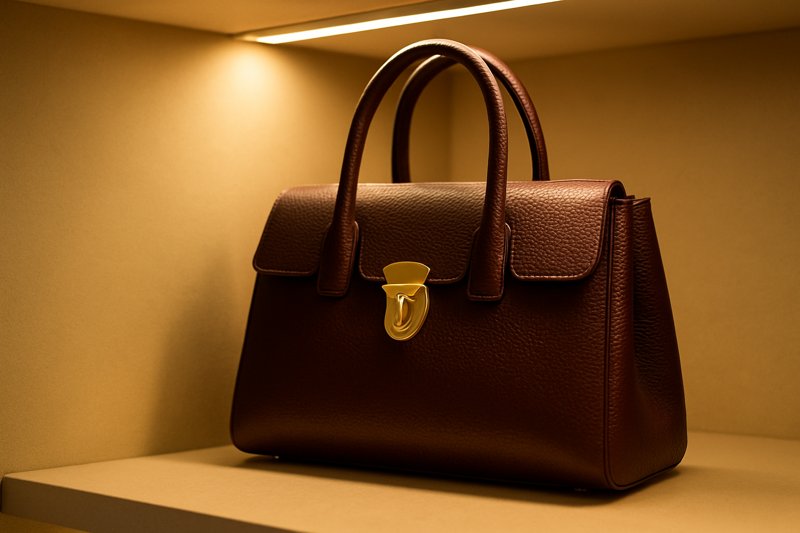 A close-up of a high-end handbag on a retail shelf, perfectly illuminated by a hidden LED strip, making the leather texture and rich color stand out.