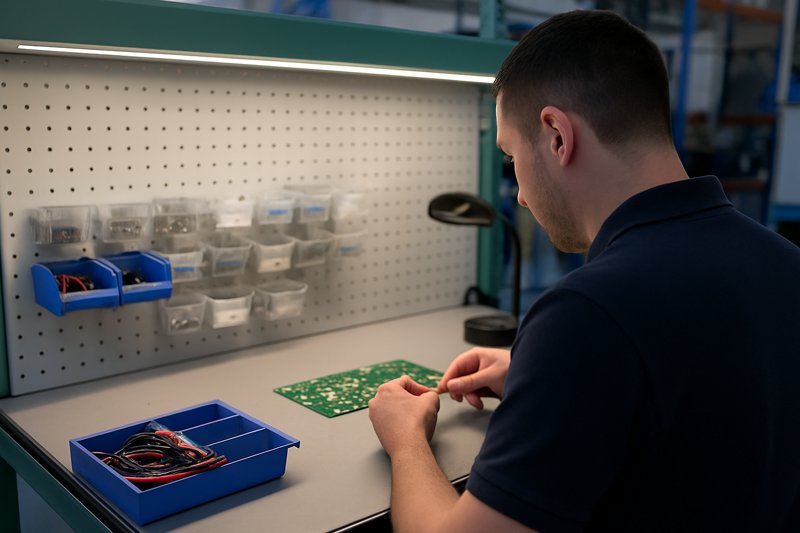 A worker at an electronics assembly bench. The entire work surface is perfectly and evenly lit by a high-CRI LED strip mounted under the shelf just above the bench.