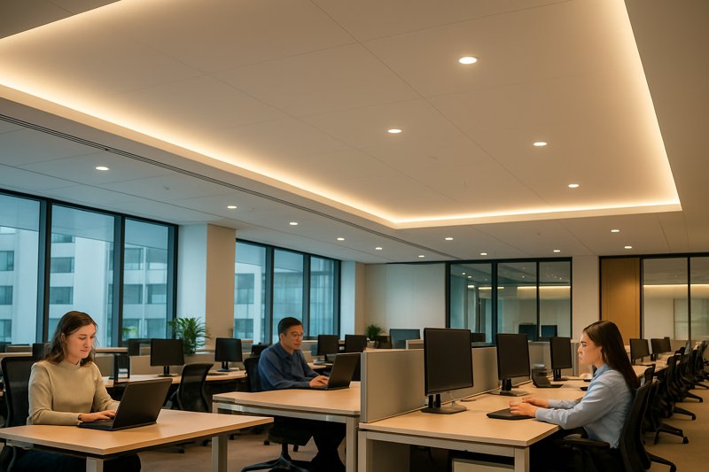 A modern office with employees working comfortably. The ceiling has large, soft glowing areas created by indirect LED cove lighting, eliminating all harsh glare.