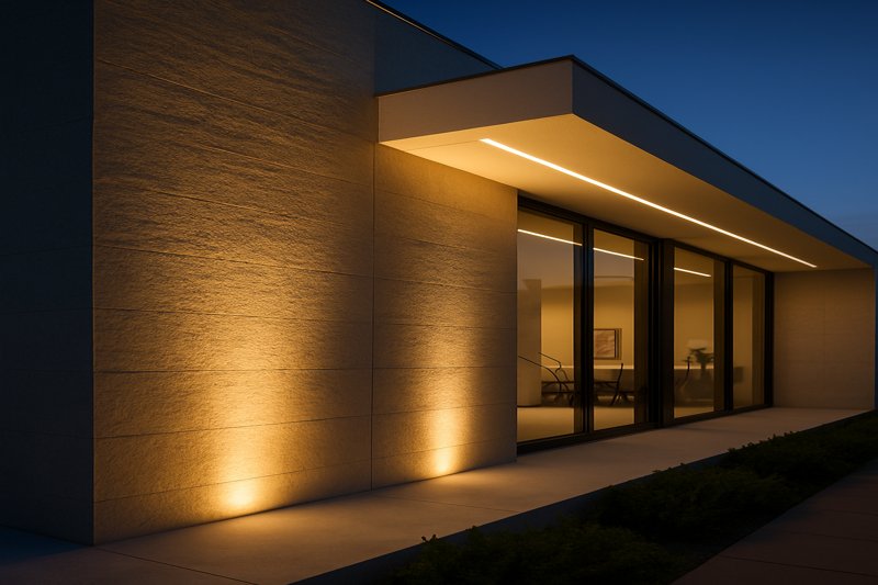 A beautifully designed modern building exterior at twilight, with clean lines of warm light grazing up a textured concrete wall, sourced from hidden LED strips.
