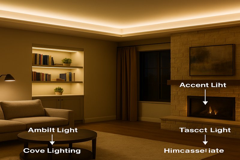 A well-lit living room showing three layers of light: soft ambient glow from a ceiling cove (LED strip), focused task light from a strip under a bookshelf, and accent light from a strip grazing a textured stone fireplace.