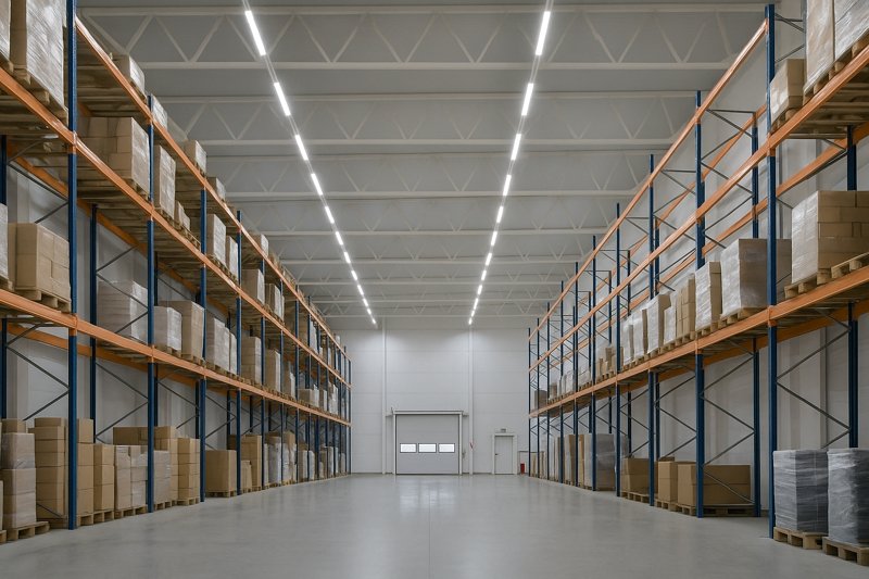 A wide, clean, and brightly lit warehouse with high ceilings. Lines of high-output LED strips illuminate the aisles and racking, eliminating shadows