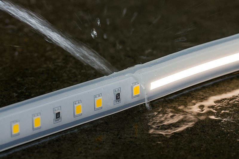 A close-up shot of an IP67-rated LED strip, fully encapsulated in a thick silicone extrusion, being sprayed with water to demonstrate its waterproof quality.