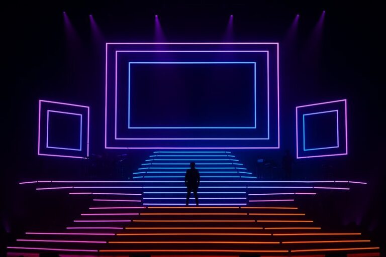A stunning image of a live concert stage where the entire set—risers, stairs, and backdrop—is outlined with vibrant, color-changing DMX-controlled LED strips, creating a cohesive and futuristic look