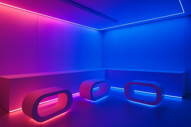 An image of an immersive art installation or corporate event where the walls, ceiling, and even custom seating pods are glowing and changing color in sync, all lit with hidden LED strips.