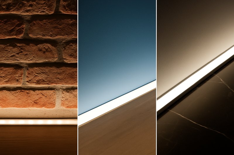 A montage of three images: an LED strip grazing a rough brick wall creating deep shadows, washing over a smooth matte blue wall for even color, and reflecting sharply off a polished black marble floor.