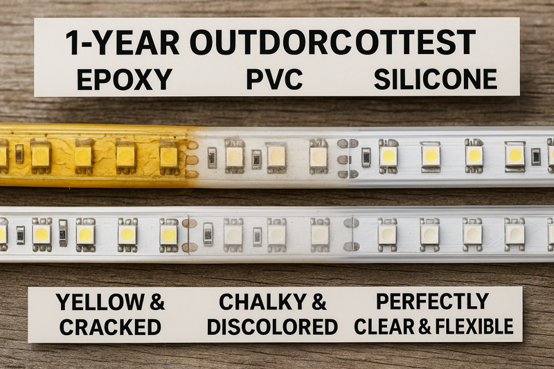 A powerful side-by-side comparison photo showing three LED strip segments after one year outdoors. The Epoxy is yellow and cracked, the PVC is chalky and discolored, and the Silicone is still perfectly clear and flexible