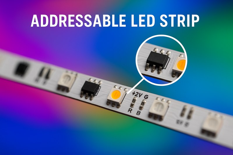 A close-up shot of an addressable LED strip, with a call-out bubble pointing to one of the tiny black IC chips next to an LED. The background is a swirl of multi-colored light to represent its capability.