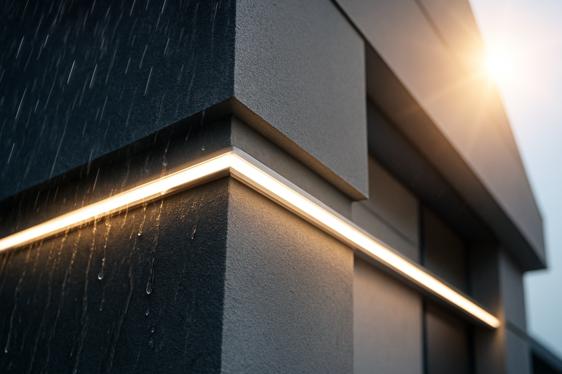 A powerful image of a silicone LED strip installed on a modern building, getting hit with rain on one side and intense sun on the other, but glowing perfectly and looking pristine