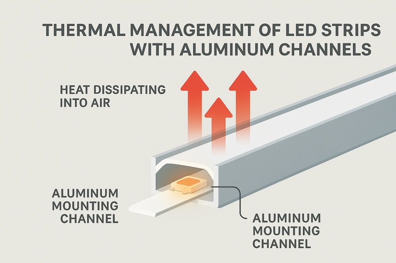 A graphic illustrating heat being drawn away from an LED strip by an aluminum mounting channel, with arrows showing the heat dissipating into the air.