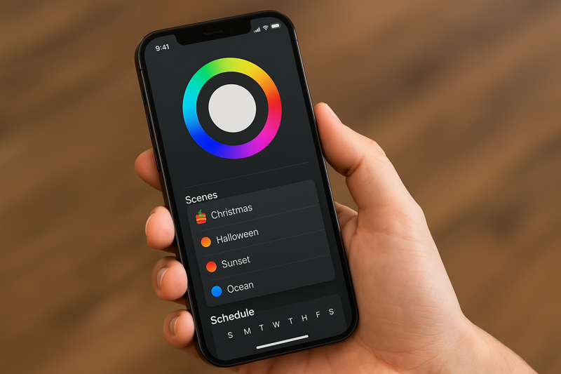 A smartphone screen showing a lighting app interface. The screen displays a color wheel, a list of preset scenes like 