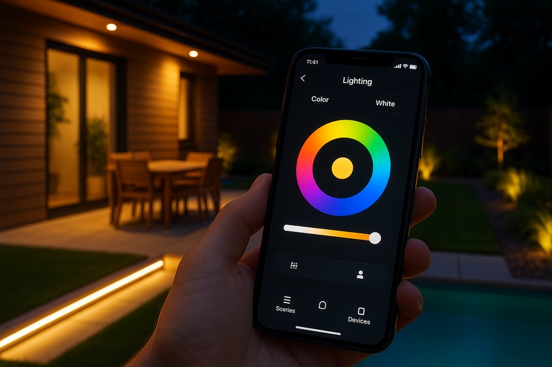 A sleek smartphone screen displaying a colorful and intuitive lighting control app, with a beautifully lit modern backyard visible in the background, showing the lights responding to the app's commands