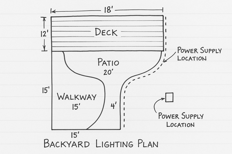 A neatly drawn diagram or sketch of a backyard lighting plan, showing measurements for a deck, patio, and walkway, with notes indicating power supply location and wiring paths.