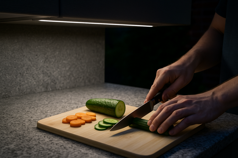 A close-up shot of hands chopping vegetables on a granite countertop in an outdoor kitchen. The surface is perfectly illuminated by a clean, white light from an integrated LED strip hidden under the cabinet above. No shadows are visible.