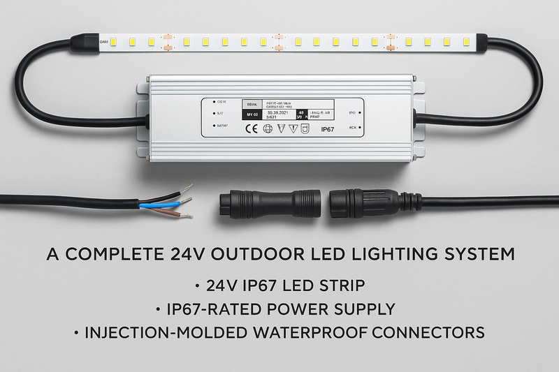 A clean layout of a complete system: a 24V IP67 LED strip, IP67-rated power supply, and thick, robust injection-molded waterproof connectors.