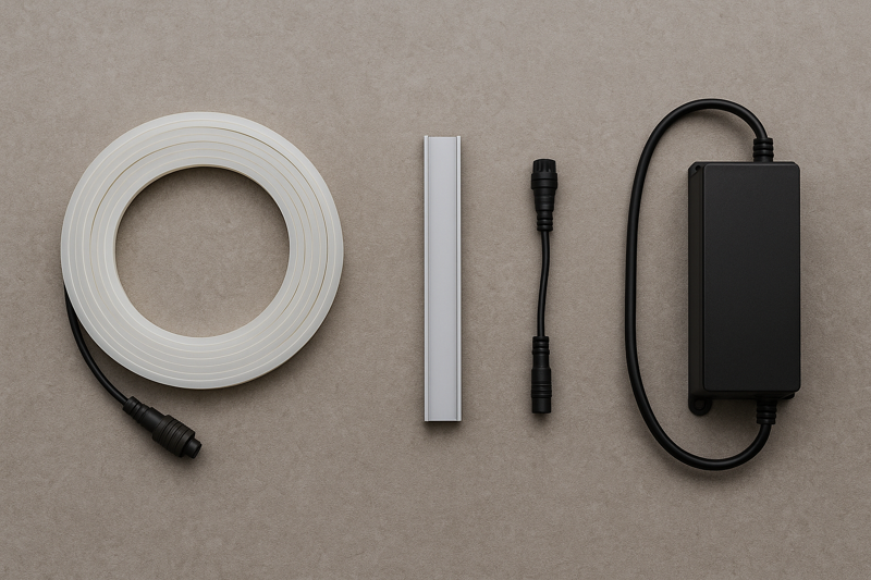 A flat-lay image showing the complete system of components: A coil of IP67 silicone strip, a section of aluminum channel, a weatherproof connector, and a robust, black outdoor-rated power supply.