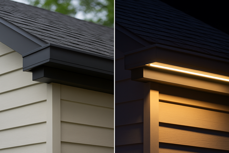 A set of aluminum channels painted to differentiate from the house trim. One image shows the channel closed and invisible during the day; the other shows it glowing with warm white light at night.