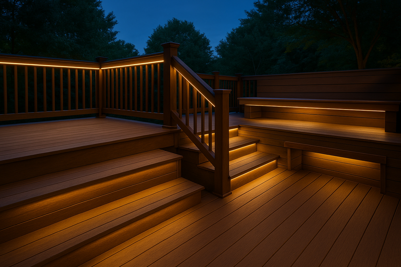 A stunning, wide-shot of a multi-level deck at dusk, showcasing perfect layers of light: under the railings, on the stairs, and under a built-in bench. The atmosphere is warm and inviting