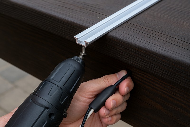 A clean, close-up shot of a hand using a power drill to drive a stainless steel screw through an aluminum channel into the underside of a dark-stained cedar deck railing.