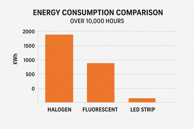 A simple bar chart clearly shows the massive difference in energy consumption (in Kilowatt-hours) over 10,000 hours of use for a Halogen bulb, a Fluorescent tube, and an LED strip, all producing the same light output.