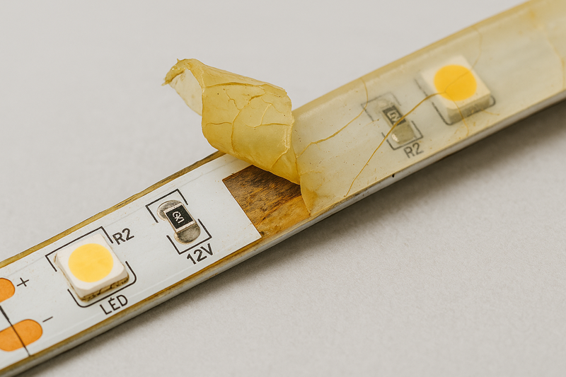 A close-up of a failed epoxy-coated LED strip, showing the yellowed and cracked coating peeling away from the internal circuit board.