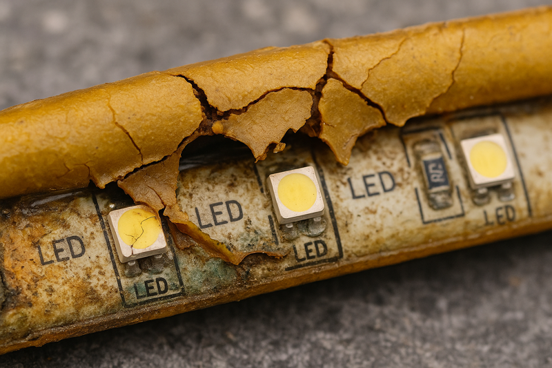 A close-up shot of a failed epoxy-coated LED strip. The coating is dark yellow, severely cracked, and peeling away from the circuit board, which shows signs of water corrosion.