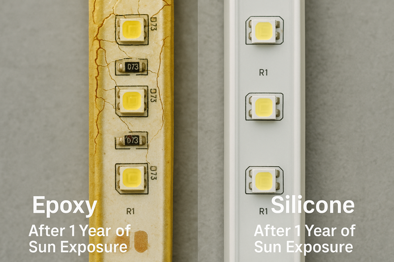 A stark comparison image. On the left, a yellowed, cracked epoxy strip. On the right, a perfectly clear and flexible silicone strip. Both labeled 