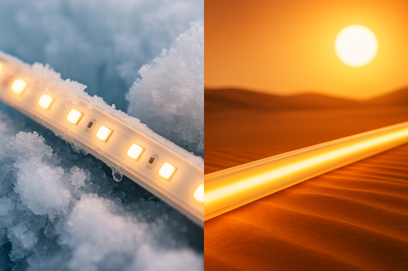 A composite image showing an LED strip thriving in two extreme environments: one side shows it covered in snow and ice but glowing brightly, the other shows it under a blazing desert sun