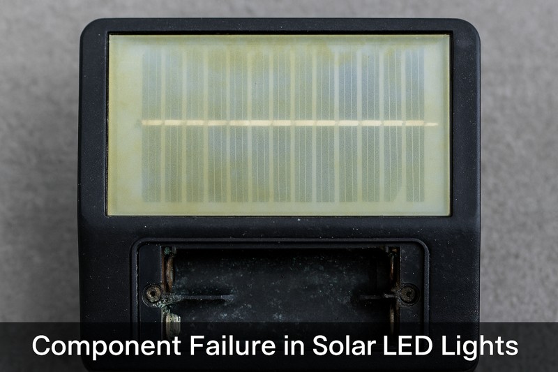 A close-up of a failed solar light. The solar panel is hazed over and yellowed, and the battery compartment is visibly corroded.